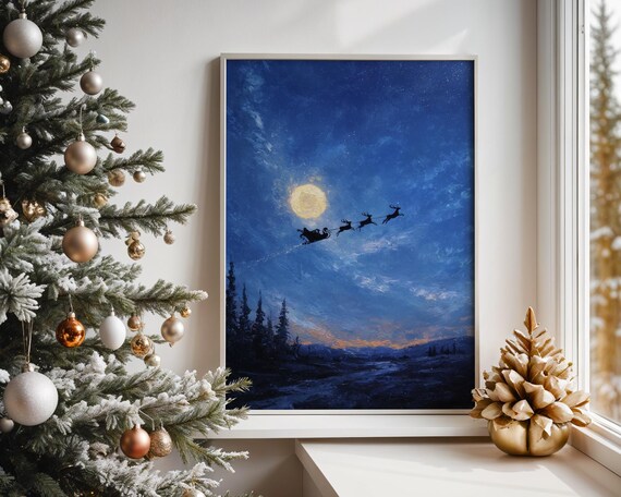 Santa Sleigh Flying Across a Moonlit Blue Winter Night Poster