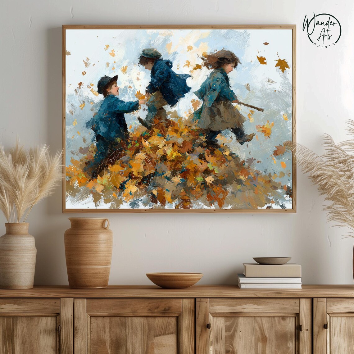 Children Playing in Autumn Leaves, Vintage Fall Art Print