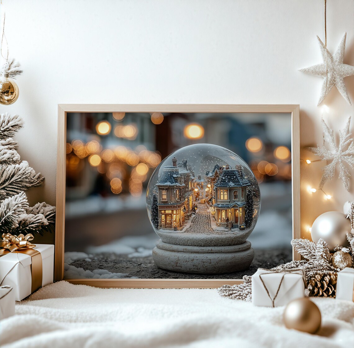Christmas Snow Globe Victorian Town Scene Cozy Winter Wall Art