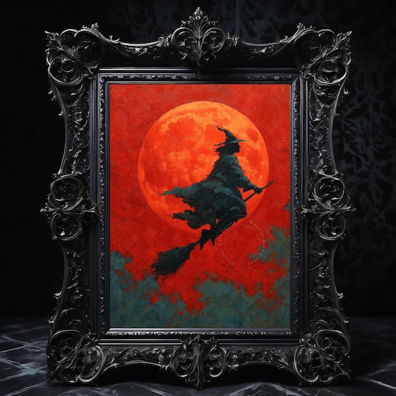 Halloween Witch Flying By Full Moon Spooky Autumn Wall Art Vintage Painting Rustic Fall Decoration Print 188