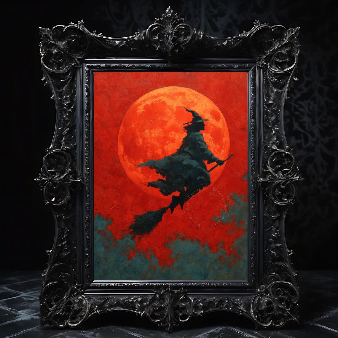 Halloween Witch Flying By Full Moon Spooky Autumn Wall Art Vintage Painting Rustic Fall Decoration Print 188