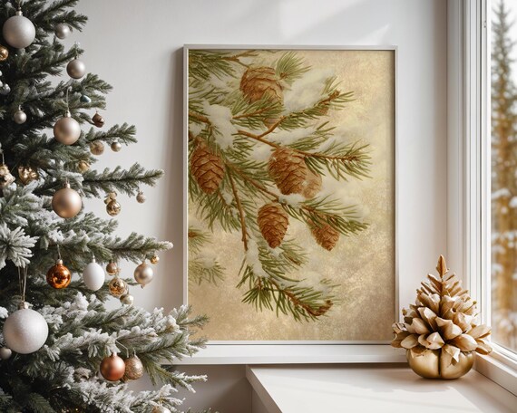 Fir Branch With Pinecones Vintage Winter Botanical Art Rustic Snowy Nature Decor Christmas Wall Print Painting 561