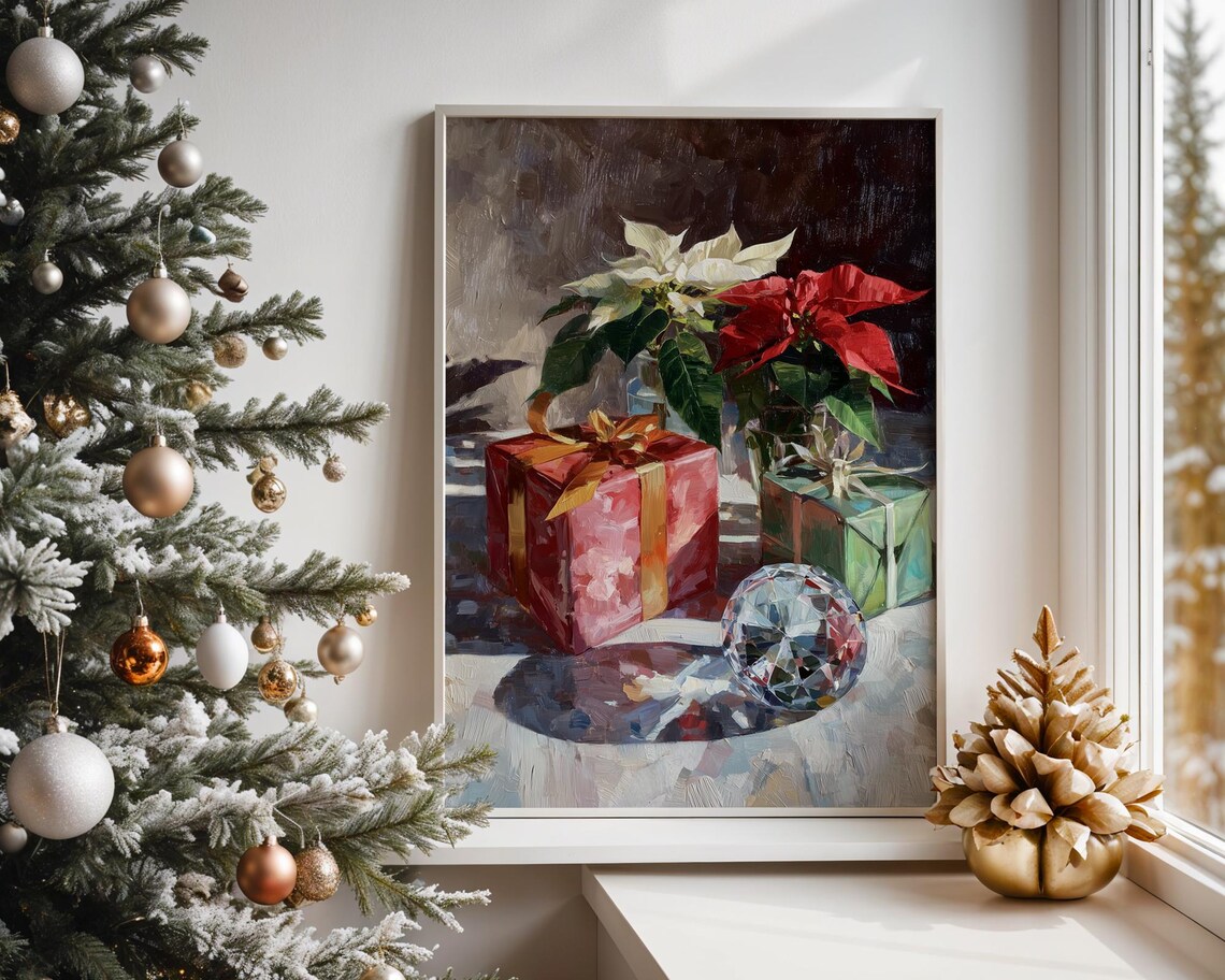 Poinsettia And Christmas Gifts Still Life Holiday Oil Painting Print