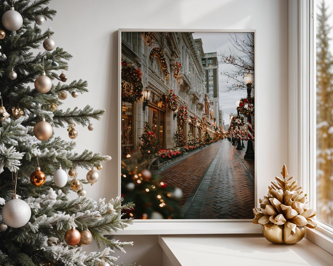 Christmas Shopping Street Garlands Wreaths Holiday Poster Decor
