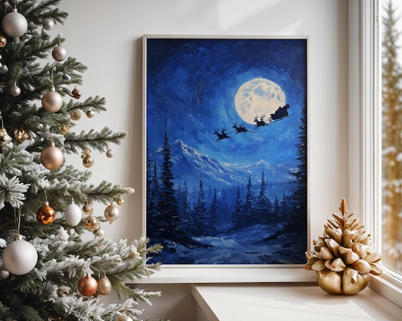 Santa Sleigh Silhouette Crossing a Moonlit Winter Night Poster
