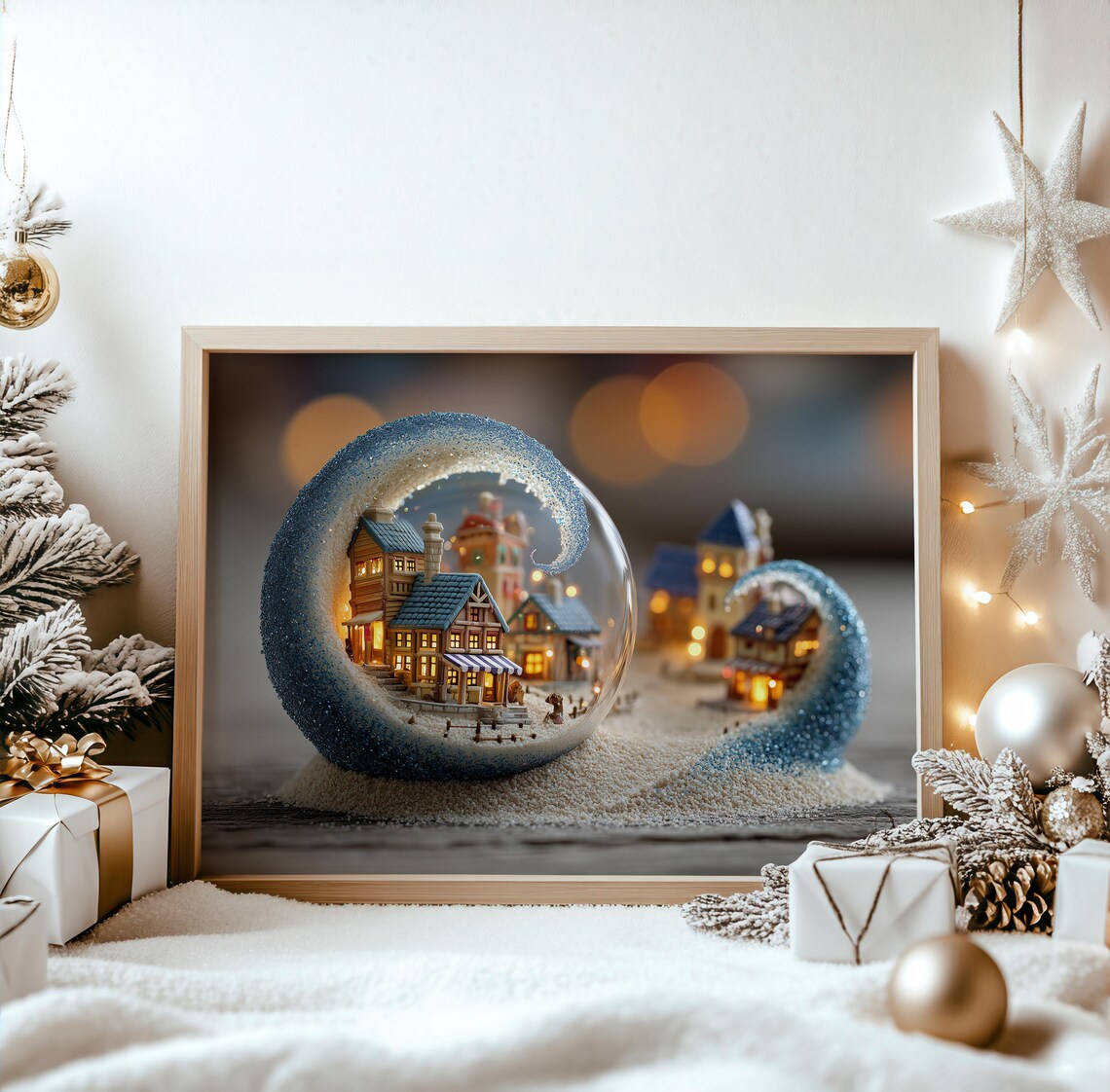 Magical Crescent Moon Christmas Snow Globe Village Night Poster