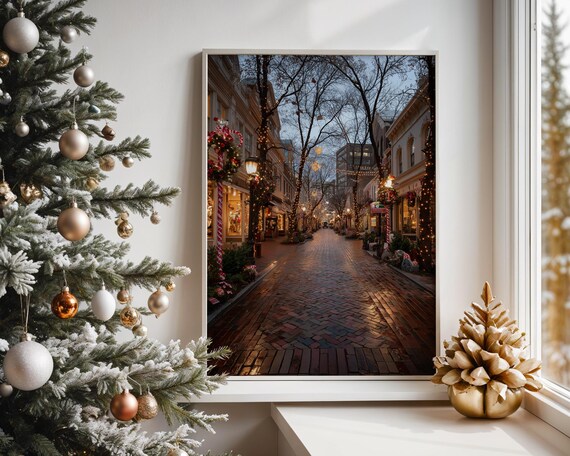 Christmas Urban Street Snowy Brick Lights Night City Scene Poster