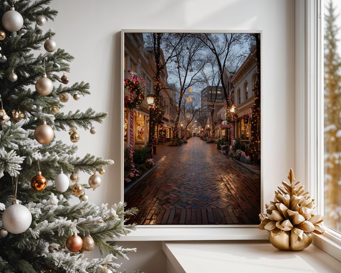 Christmas Urban Street Snowy Brick Lights Night City Scene Poster