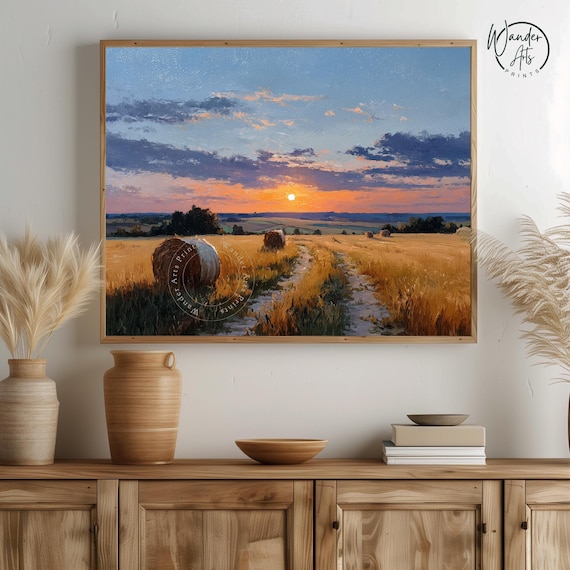 Rustic Sunset Harvest Field Painting Countryside Dusk Landscape Earthy Farmhouse Decor Moody Autumn Artwork Vintage Art 408