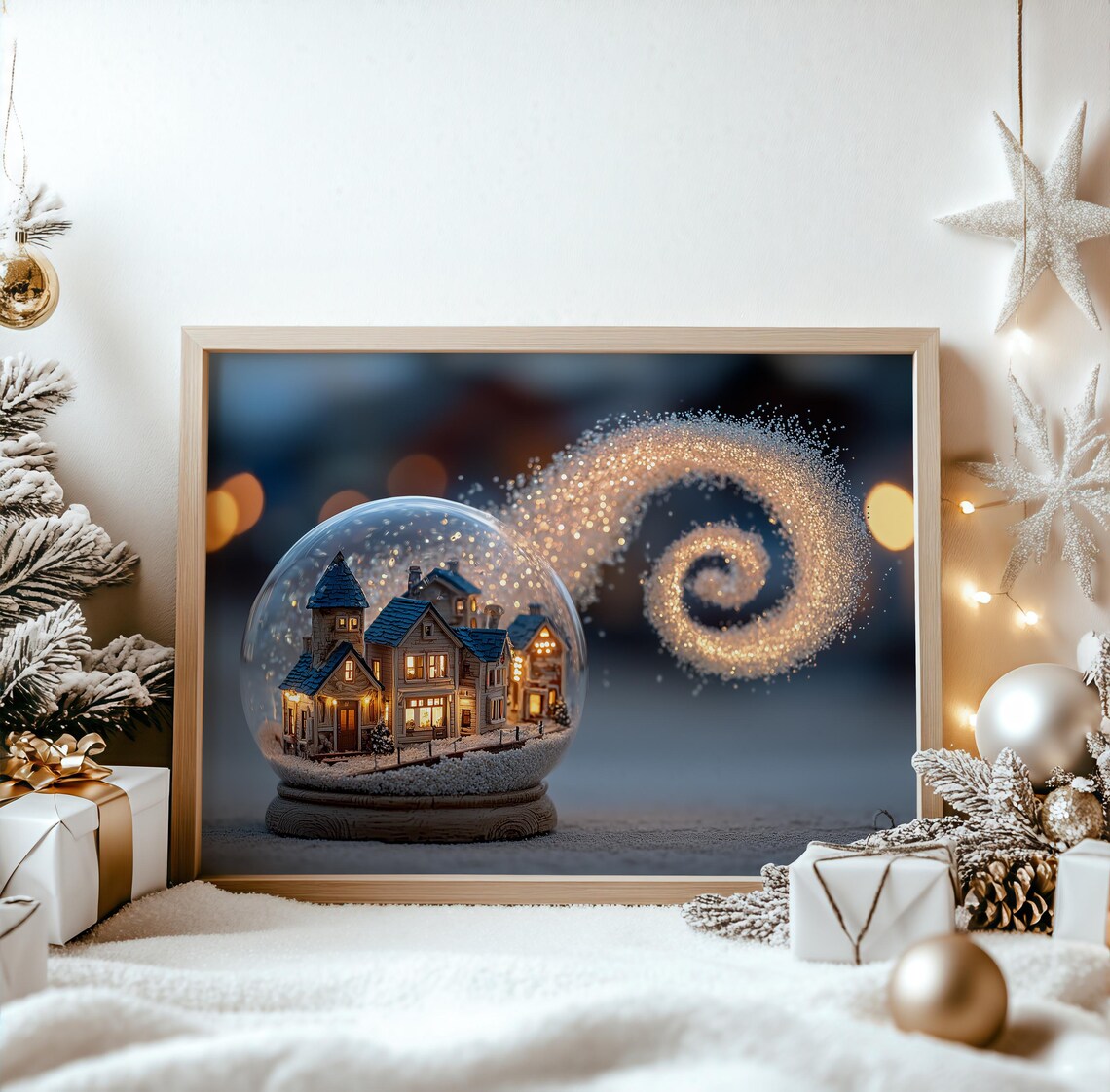 Magical Glowing Village Snow Globe Sparkling Swirl Winter Print