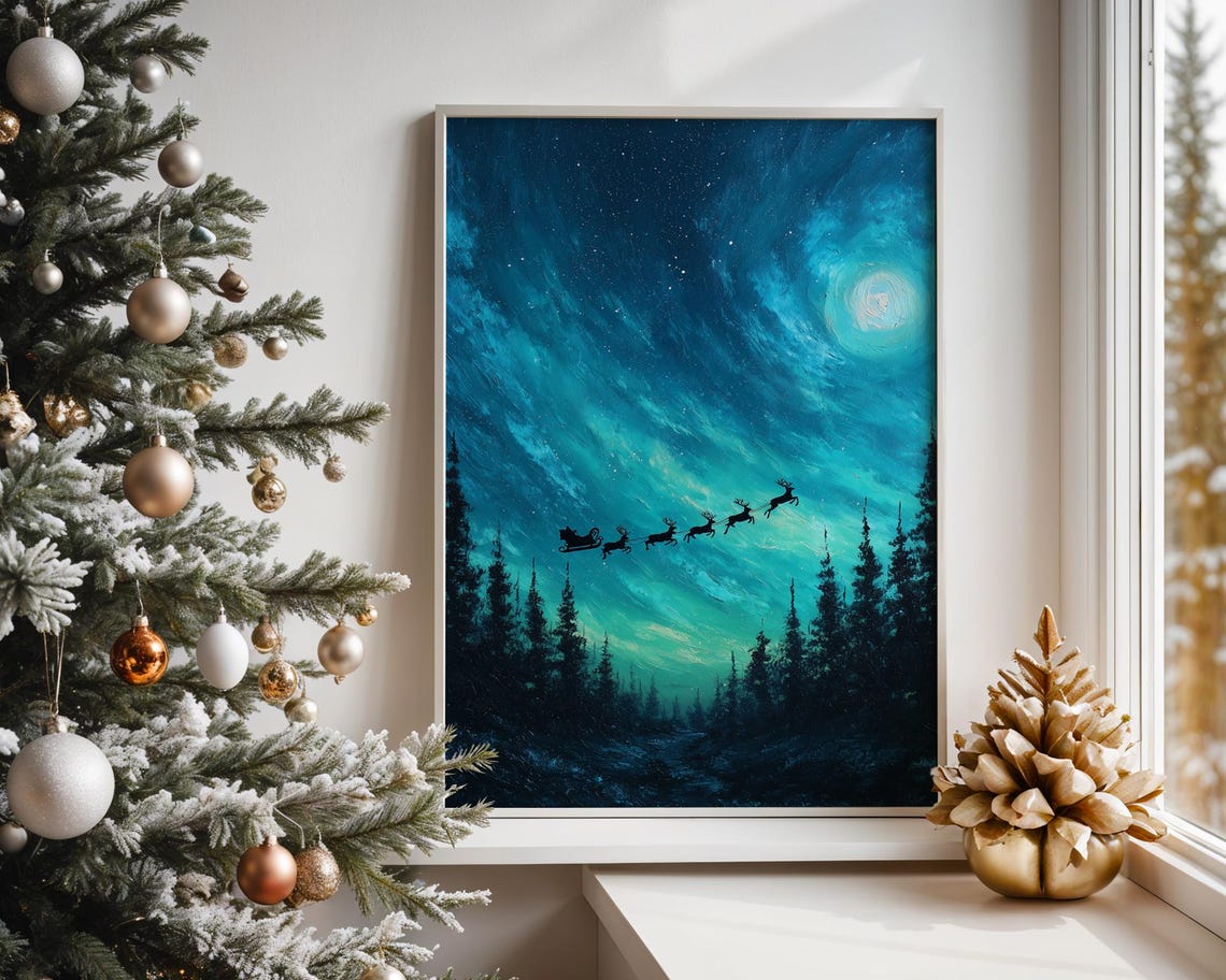 Santa Sleigh Moonlit Winter Forest Magical Christmas Night Poster