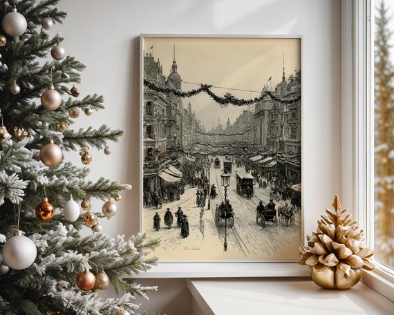 Antique Etching Festive City Street Garland Decorated Poster