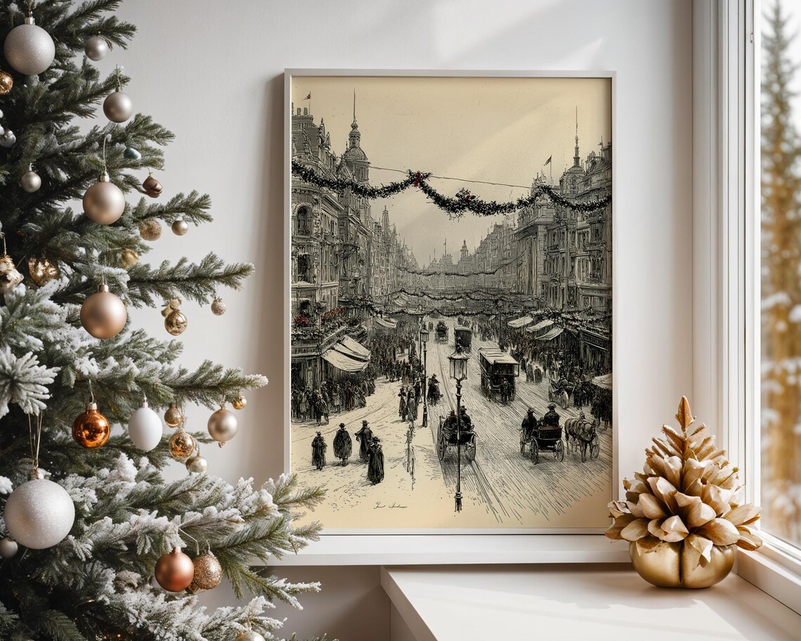 Antique Etching Festive City Street Garland Decorated Poster