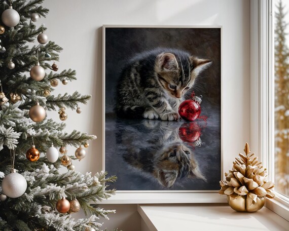 Christmas Kitten Red Ornament Playful Cute Holiday Cat Art Poster