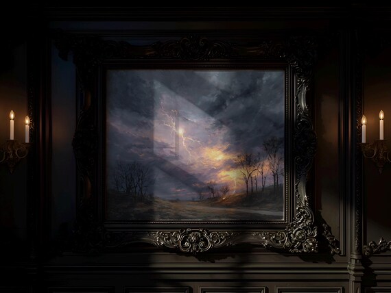 Stormy Halloween Night Art Moody Autumn Decor Spooky Seasonal Painting Rustic Fall Wall For Cozy Home Vintage Style 133