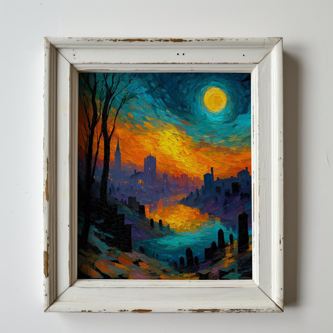 Rustic Autumn Night Scene Moody Graveyard Landscape Foggy Midnight Sky Spooky Decor Halloween Art Print For Fall 262