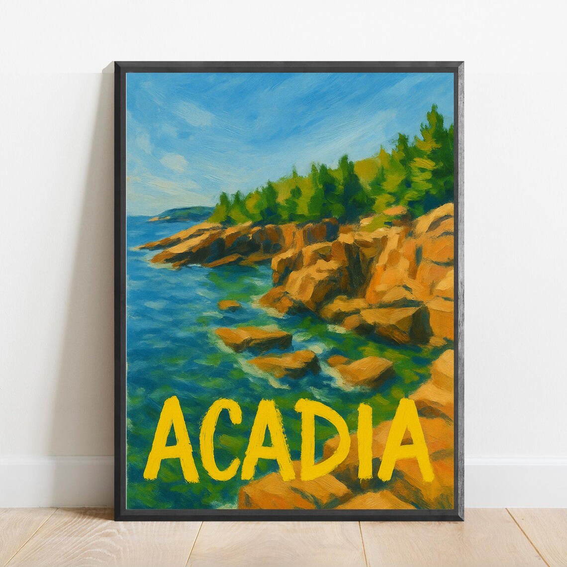 Acadia Maine Rocky Coast With Pine Forest Ocean Travel Poster