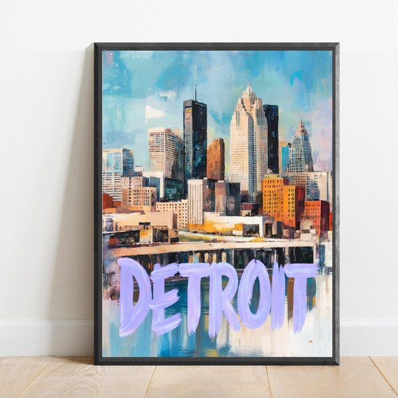 Detroit Skyline with Lavender Lettering Abstract Travel Poster