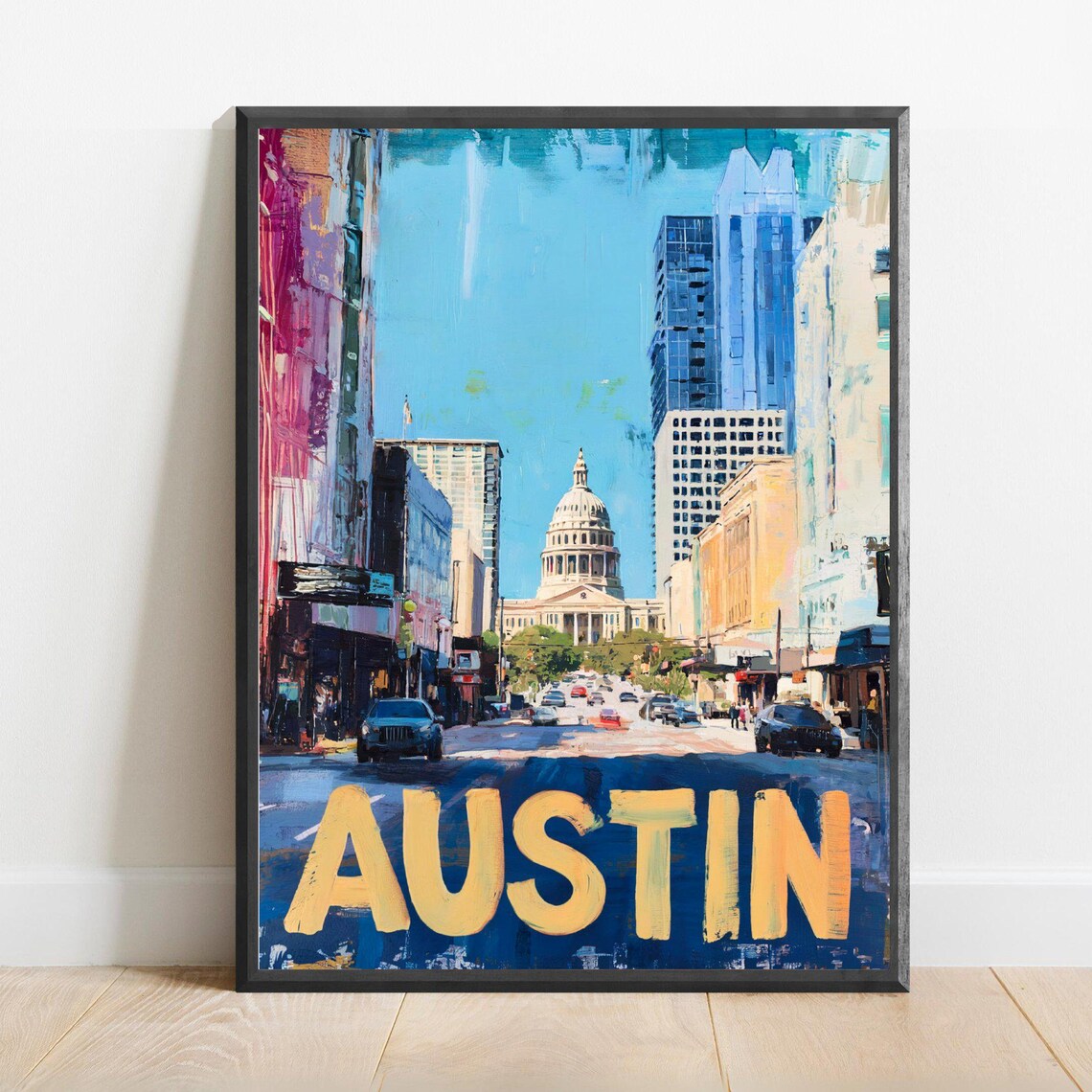 Austin Texas Capitol Building Downtown Gold Lettering Travel Poster