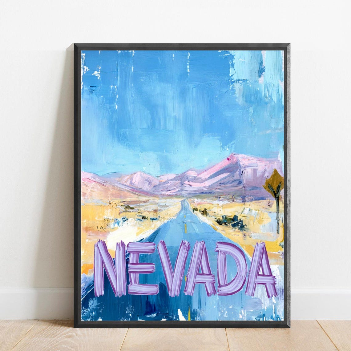 Nevada Desert Highway into Mountains Blue Lettering Travel Poster