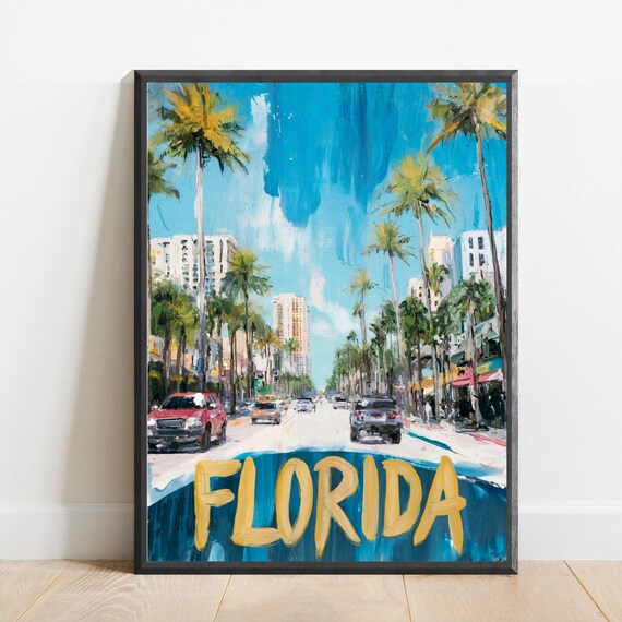 Florida Palm Tree Avenue Downtown Street Sunshine Travel Poster