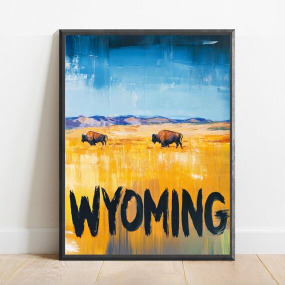 Wyoming Prairie Bison Travel Poster With Bold Golden Brushstroke Artwork
