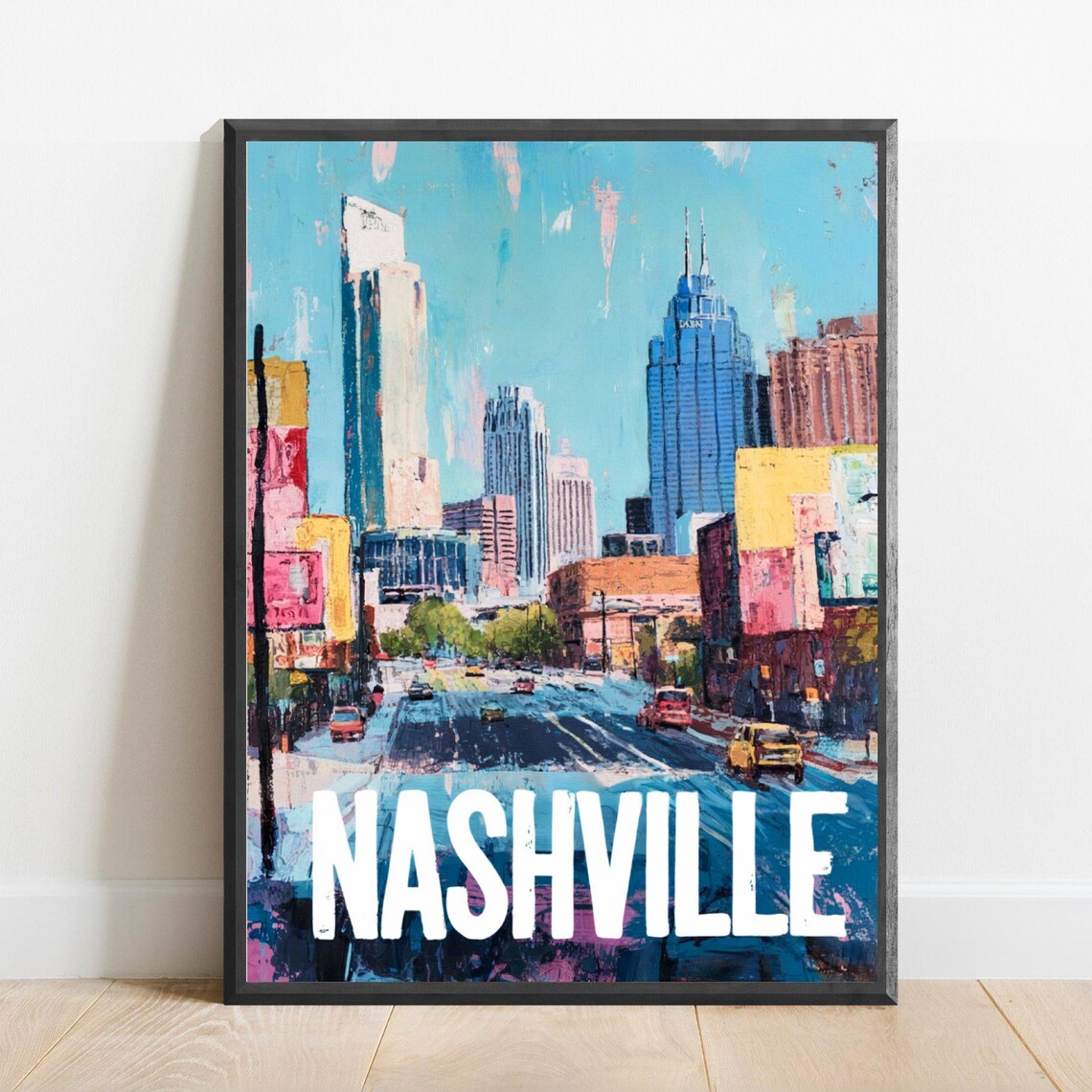 Nashville Downtown Skyline in Colorful Cityscape Travel Poster