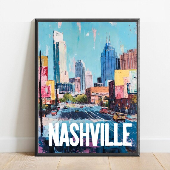 Nashville Downtown Skyline in Colorful Cityscape Travel Poster