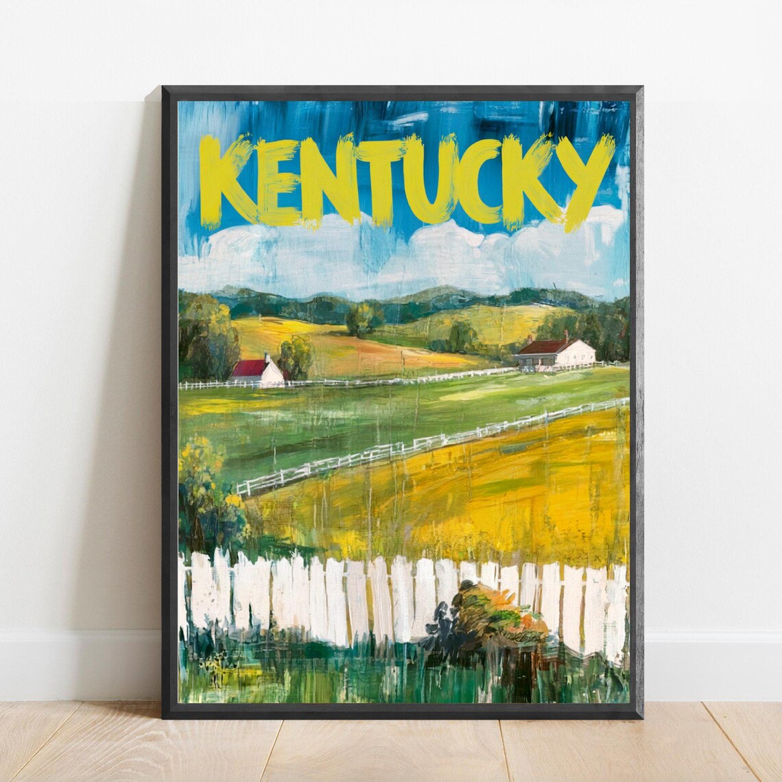 Sunny Kentucky Horse Farm Rolling Fields and Fences Painted Travel Poster for Offices