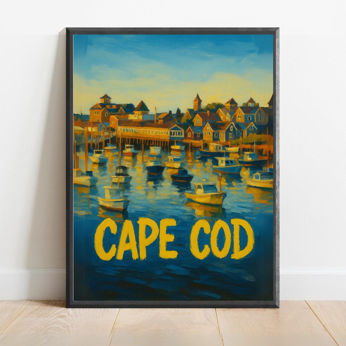Cape Cod Harbor Sunset Boats Bold Yellow Type Travel Art Poster