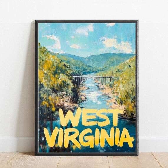 West Virginia River Bridge Travel Poster With Autumn Valley Brushwork Art