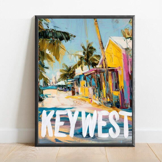 Colorful Key West Street Scene with Palm Trees Painted Travel Poster for Florida Fans