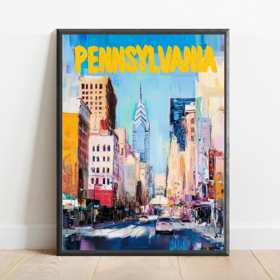 Pennsylvania Downtown City Street Skyline Vintage Travel Poster