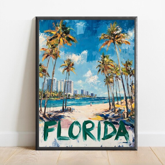Florida Beach Palms Skyline Brushstroke Style Travel Art Poster