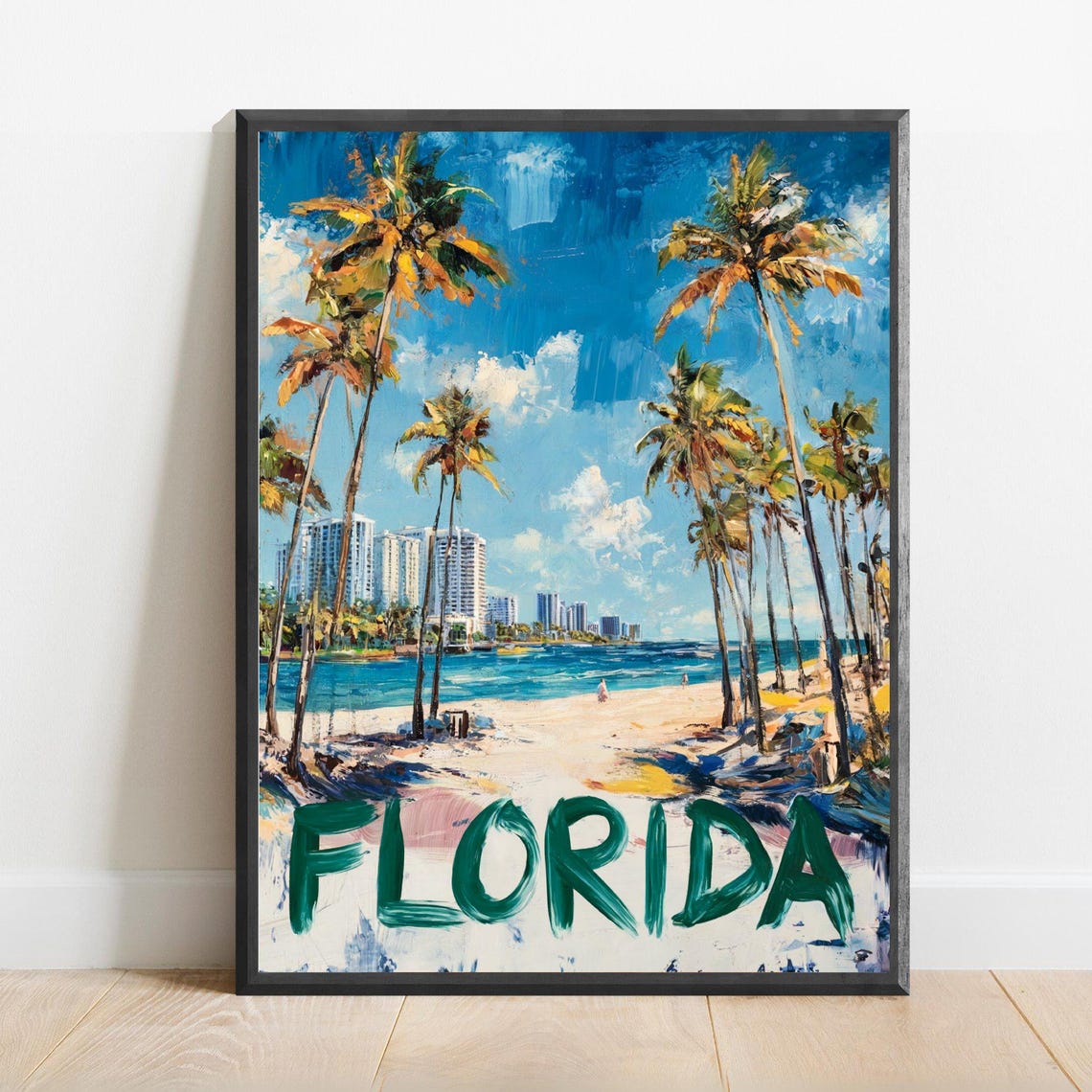 Florida Beach Palms Skyline Brushstroke Style Travel Art Poster