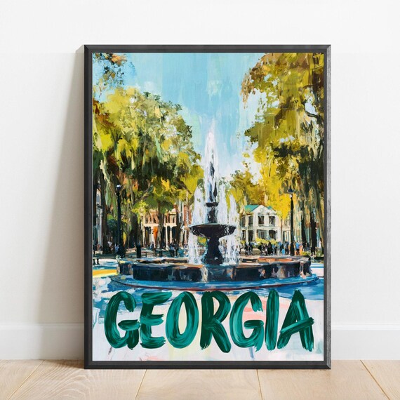 Georgia Fountain Square with Spanish Moss Painted Southern Travel Poster for Entryways