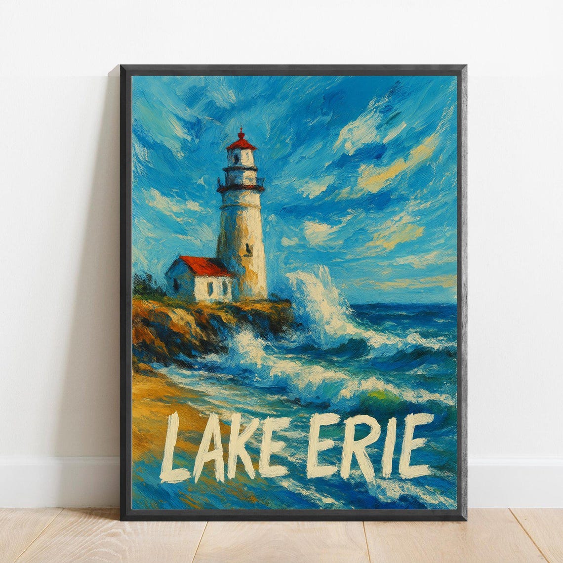 Lake Erie Lighthouse Crashing Waves Great Lakes Coastal Travel Poster