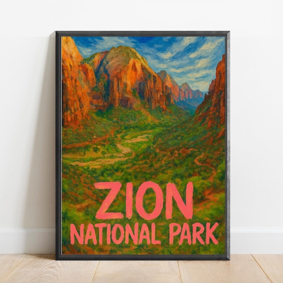 Zion National Park Red Canyon Cliffs Impressionist Travel Poster