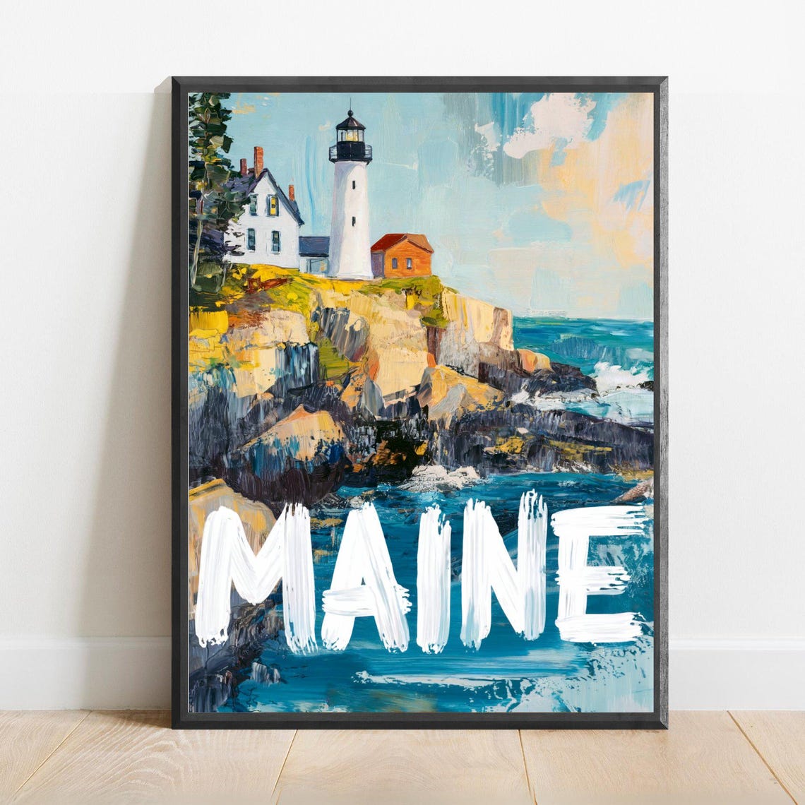 Maine Lighthouse on Rocky Coast Ocean Cliffs Vintage Travel Poster
