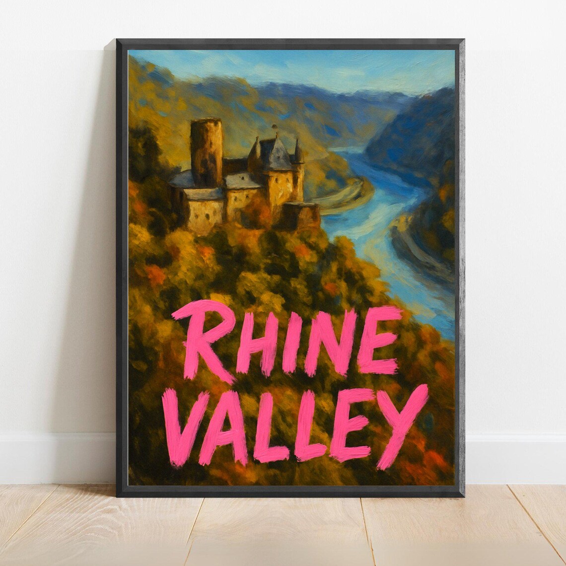 Rhine Valley Hilltop Castle Above River Autumn Hills Travel Poster