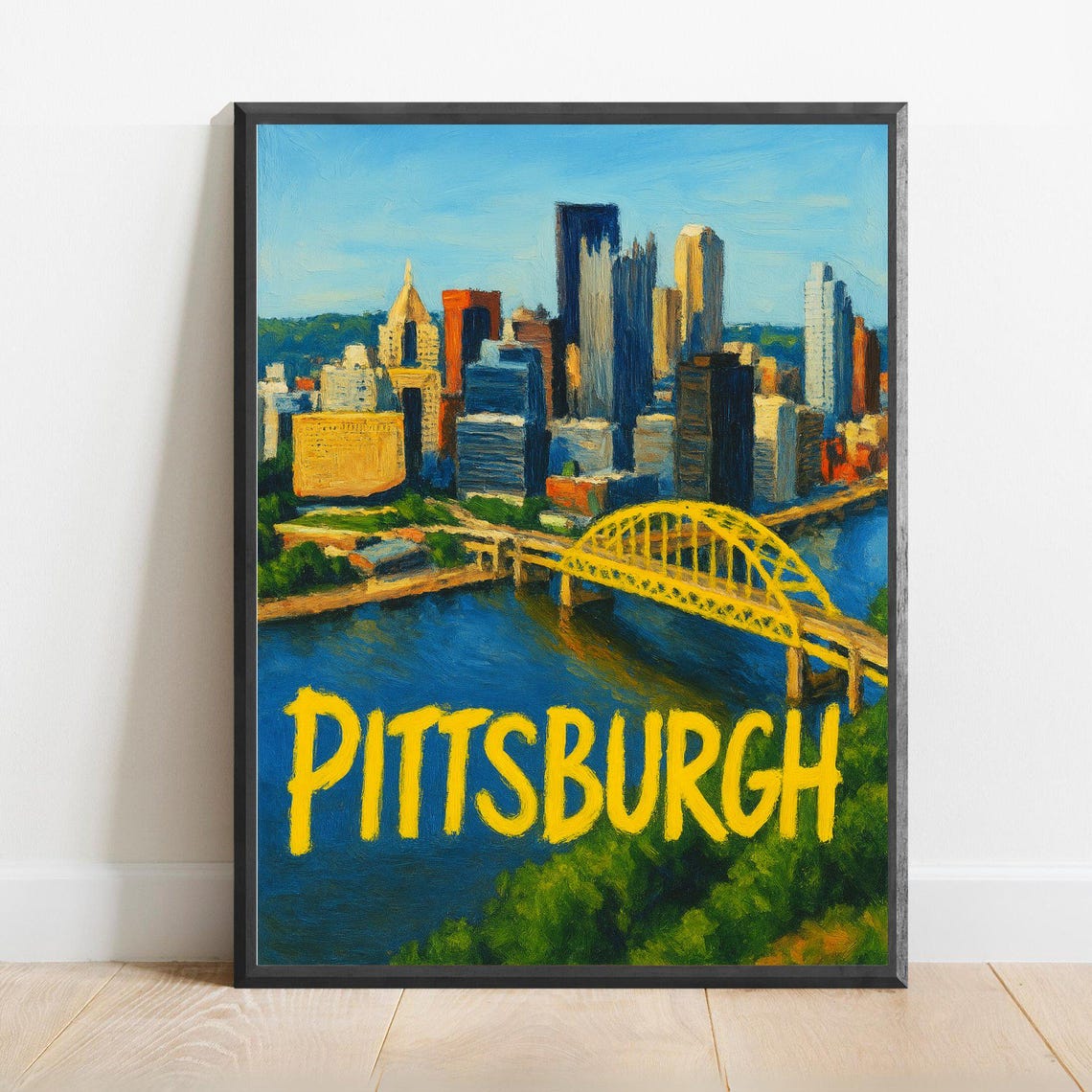 Pittsburgh Downtown Skyline Yellow Arch Bridge Impressionist Poster