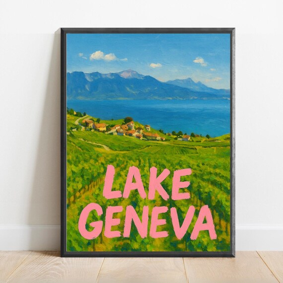 Lake Geneva Vineyard Hills and Alps Watercolor Travel Poster Swiss Wine Region