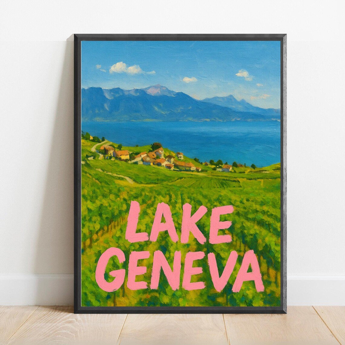 Lake Geneva Vineyard Hills and Alps Watercolor Travel Poster Swiss Wine Region