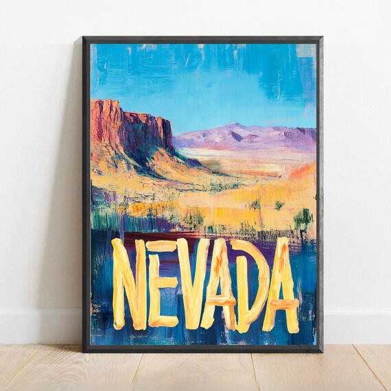 Nevada Desert Red Rocks Canyon Golden Lettering Travel Poster