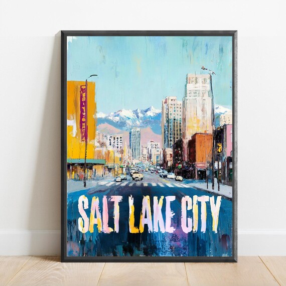 Salt Lake City Skyline with Snowy Mountain Range Travel Poster