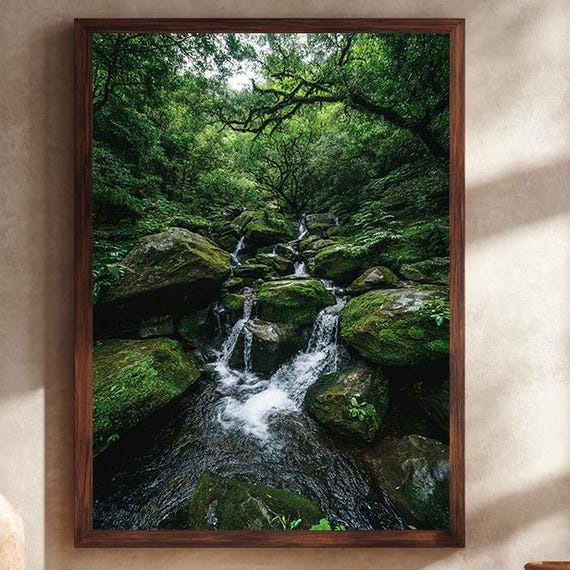 Serene Forest Waterfall Wall Art Lush Green Mossy Rocks And Flowing Stream Nature Photography For Tranquil Home Dcor