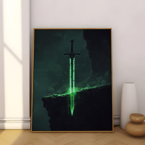 Fantasy Glowing Green Sword Dark Cliff Magic Ancient Blade Art Poster