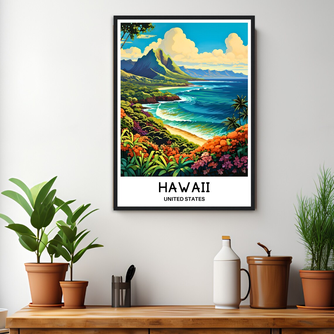 Hawaii United States Travel Poster of a Lush Tropical Coastline at Day - Image 3