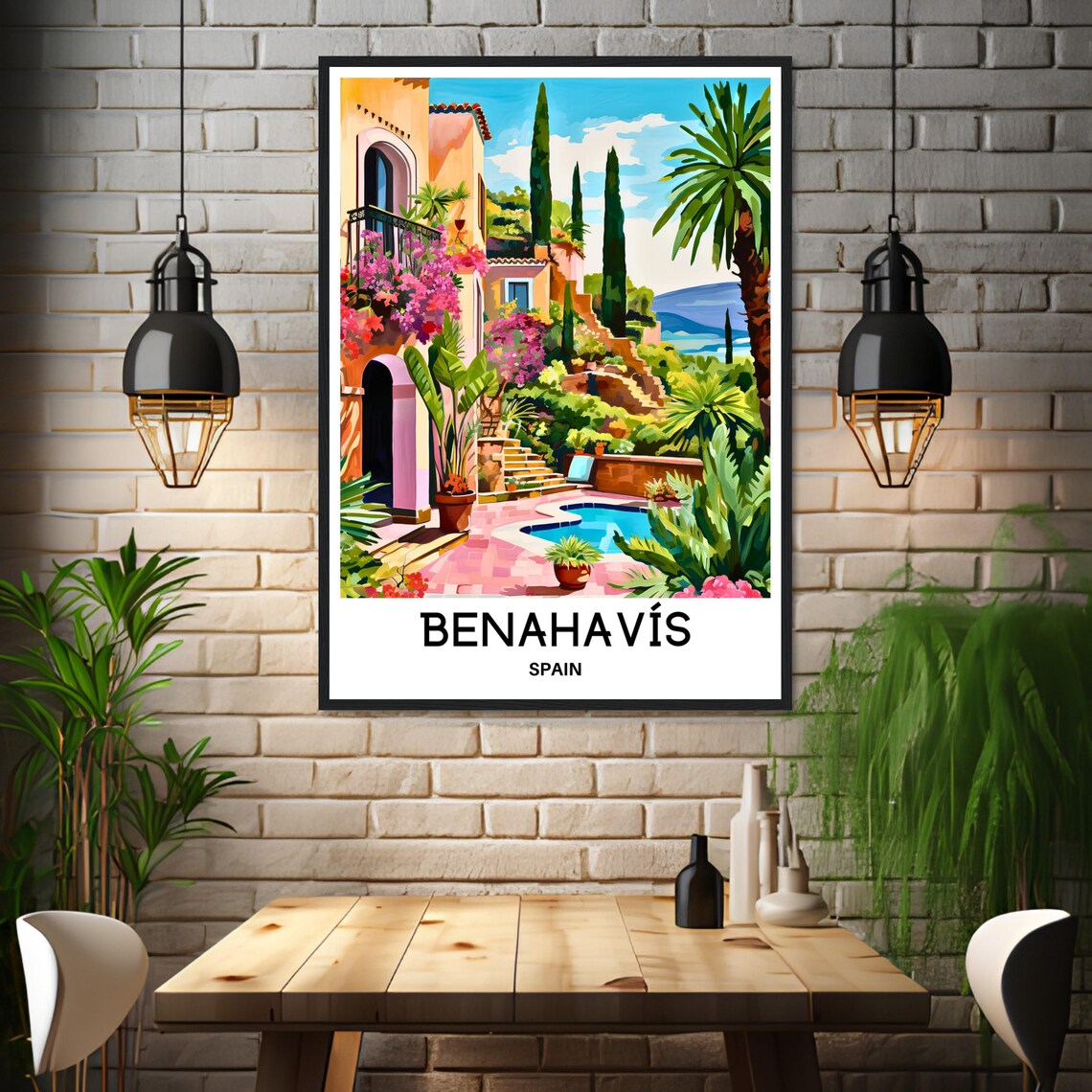 Benahavis Spain Colorful Village Pool and Gardens Scene Poster - Image 3