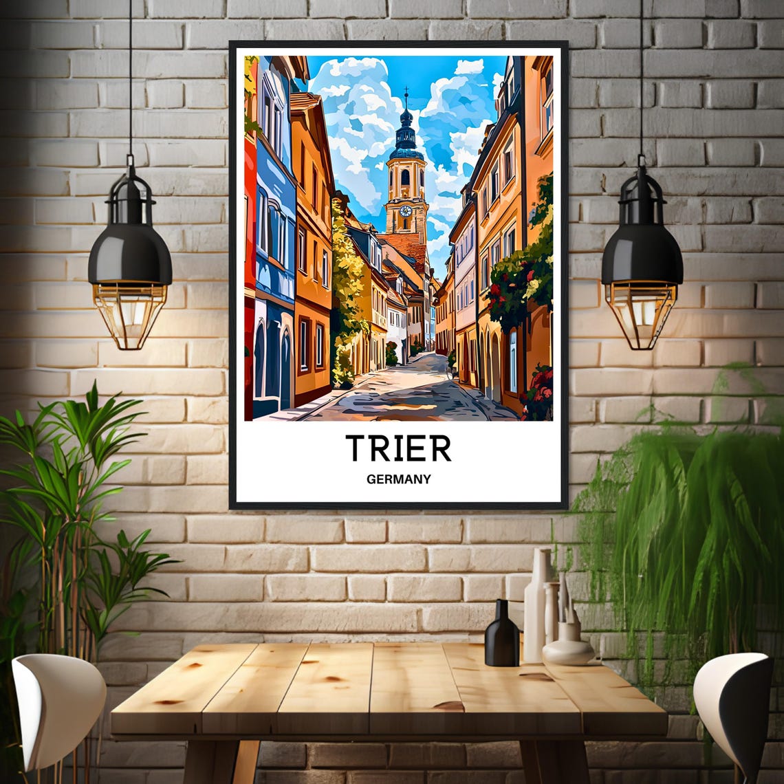 Trier Germany Old Town Clock Tower Cobblestone Street Poster - Image 3
